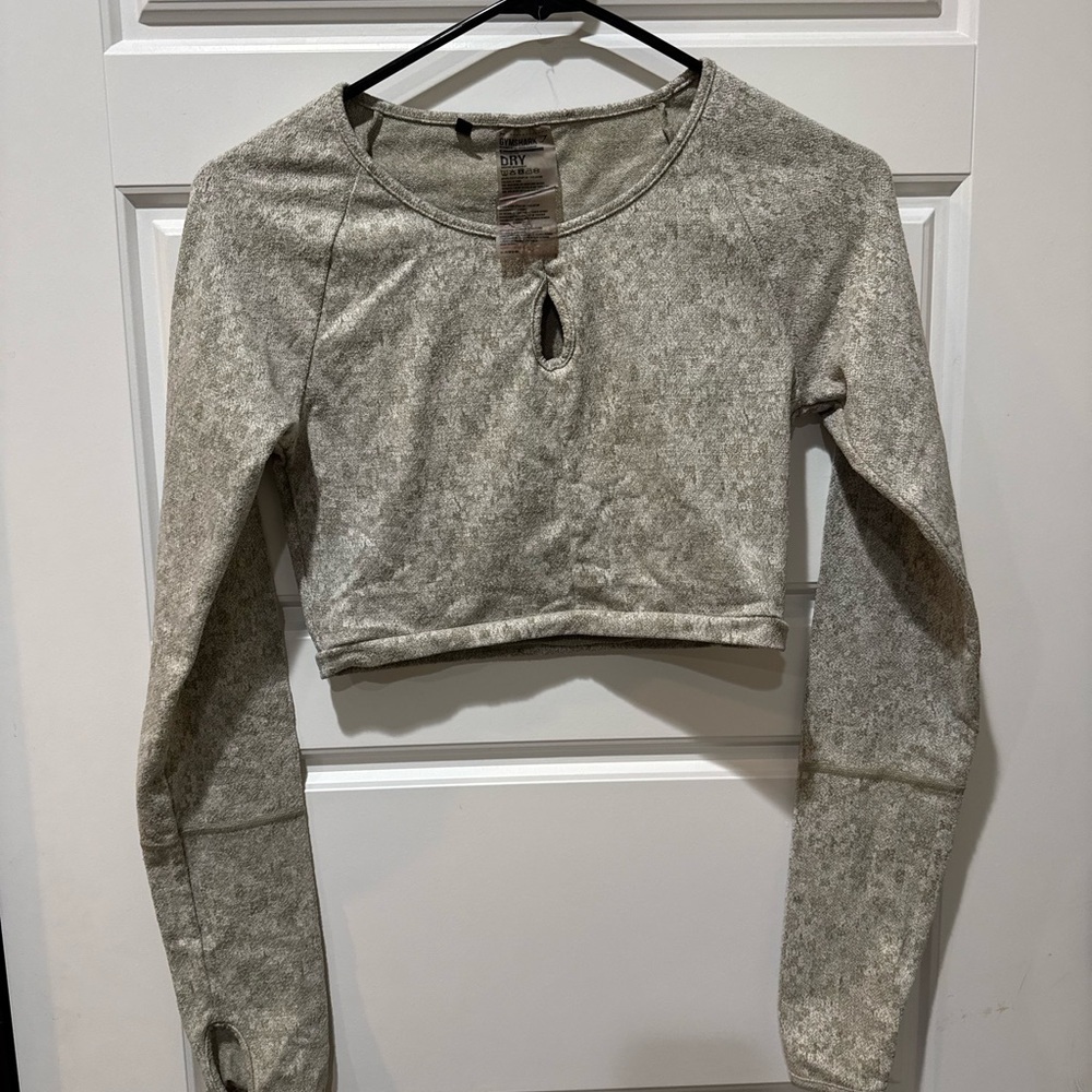 Gymshark Fleur Texture Khaki Marl Long Sleeve Crop Top